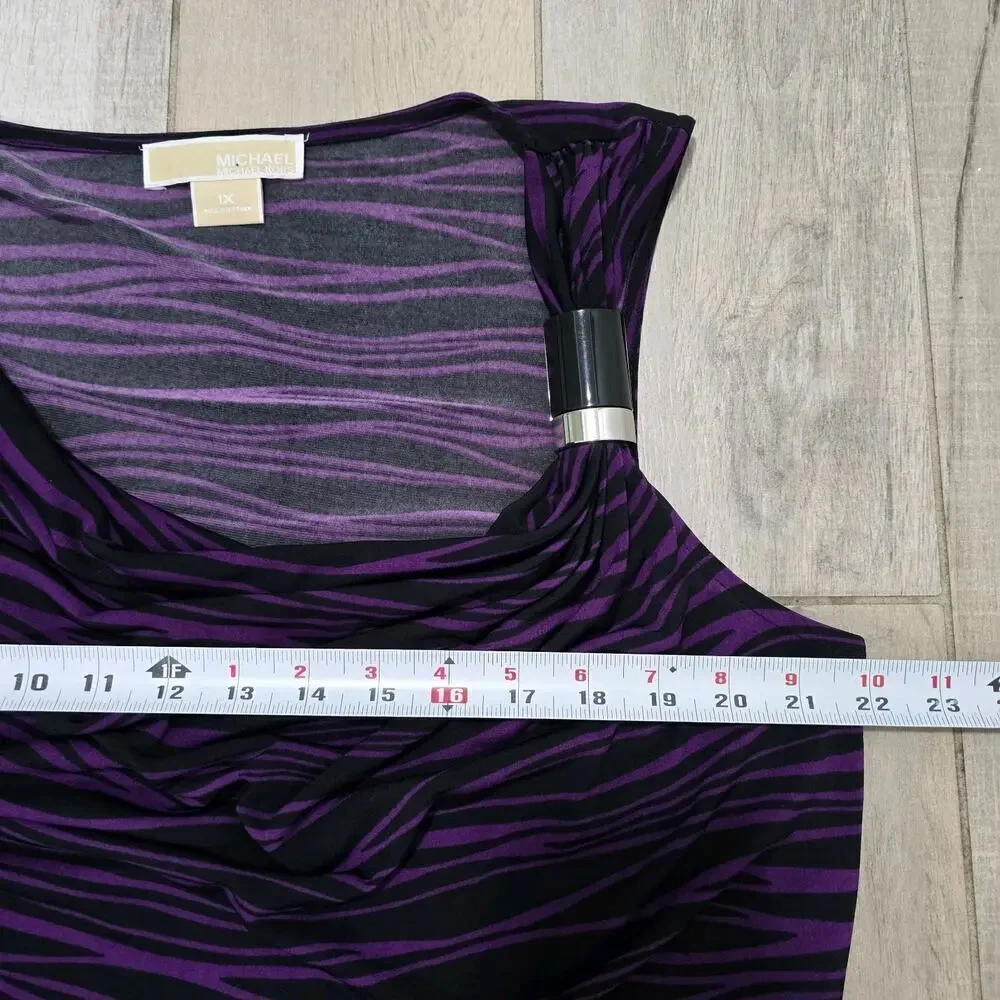 Michael Kors Women's Top Size 1X Purple Black Zebra Print Drape Neck Sleeveless